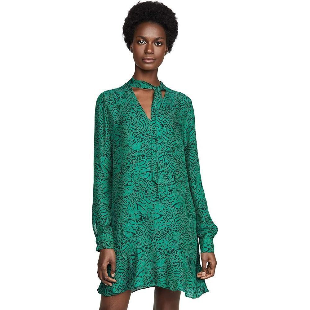 Parker Mercer Tie Neck Silk Shift Dress Green Black Animal Print Sz Small